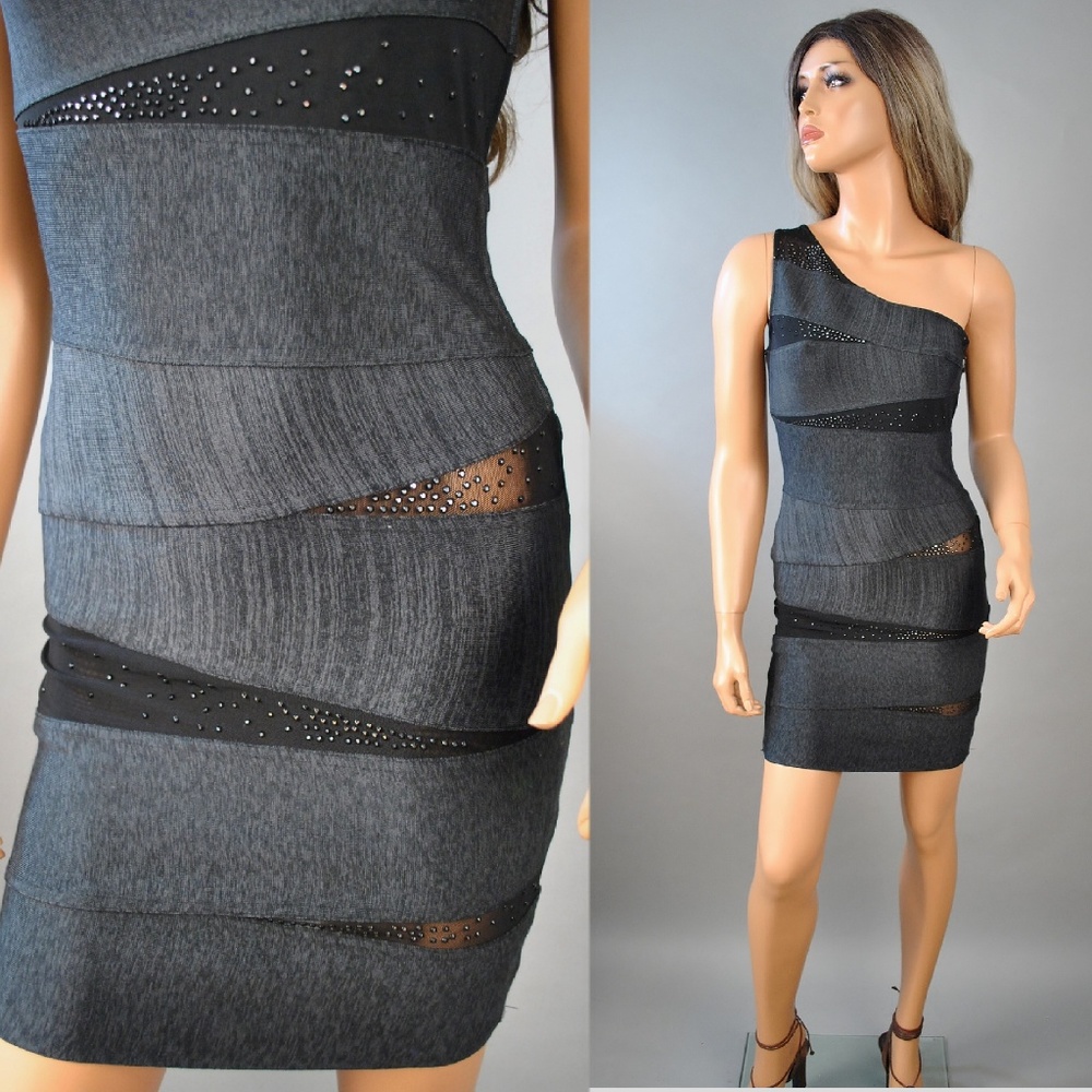 FORA Dress Mini Bandage Bodycon Cut Out Mesh Studs